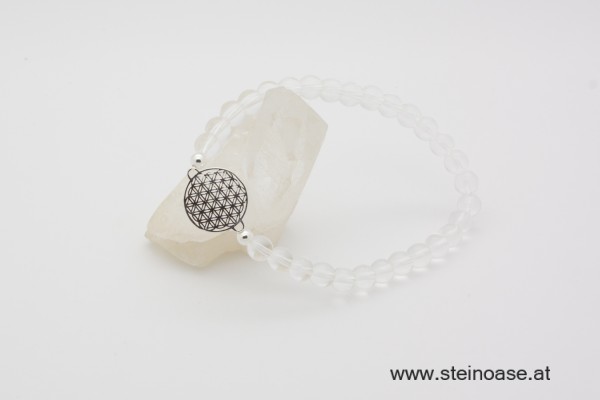 Armband Bergkristall + Blume d.Lebens, Silber, 6mm